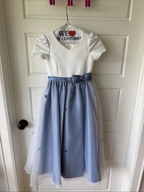 Michaelangelo White Bodice and Light Blue Tulle Skirt Party Dress with Bow